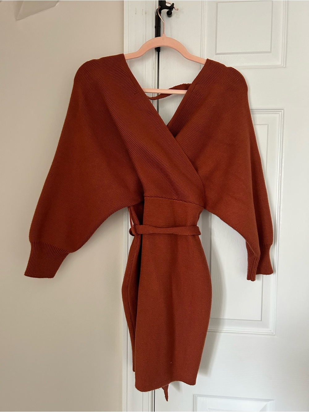 Lulus Rust Ribbed Knit Wrap Sweater Dress Size L Tie Waist